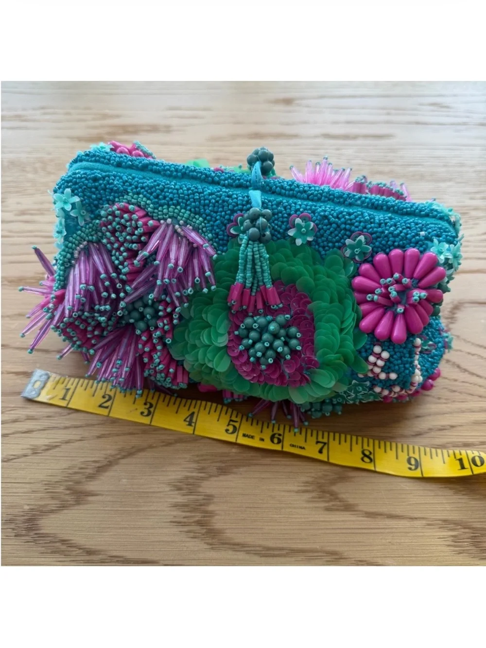 Zara Beaded Floral Clutch – Teal, Pink & Green